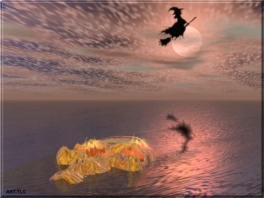 Harridan on a broomstick against a background of the Moon