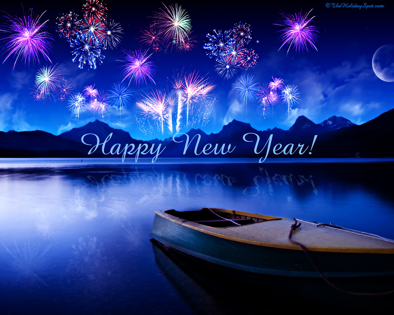 Lake, mountains, firework and boat on New Year wallpapers