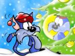New Year's picture with the fantastic hero at a fur-tree