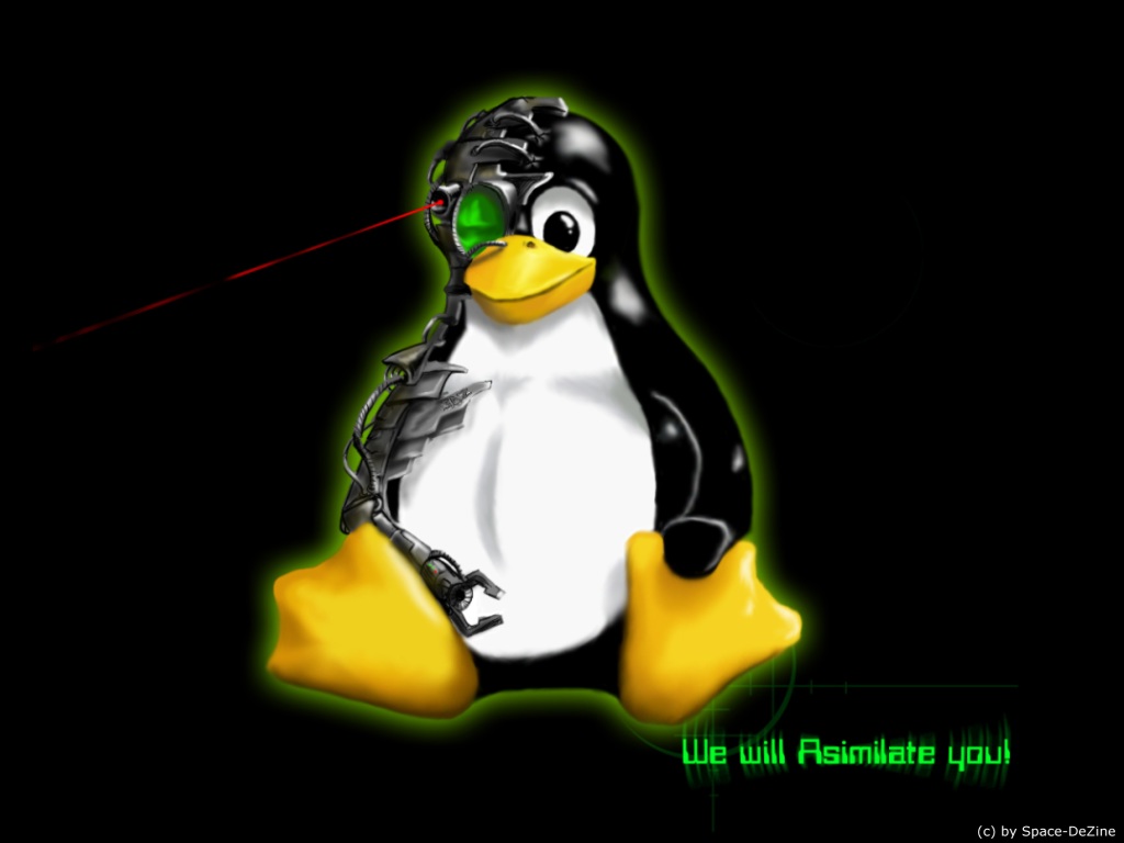 fun theme for your desktop with Tux penguin in the role of cyborg
